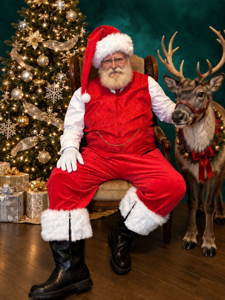 Santa Bopa posing with a reindeer beside a decorated Christmas tree